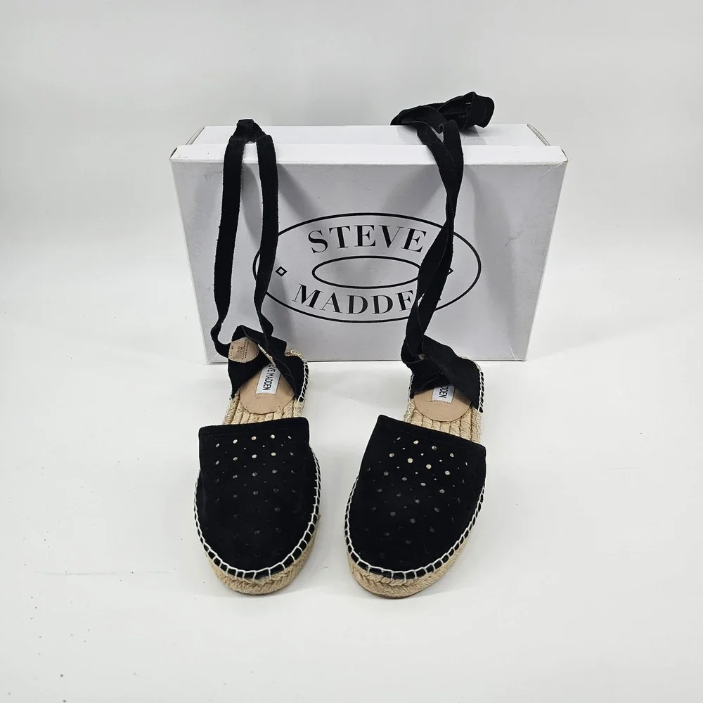 NIB Steve Madden Pliee Black Suede Ankle Wrap Espadrille Flats Womens 7.5B